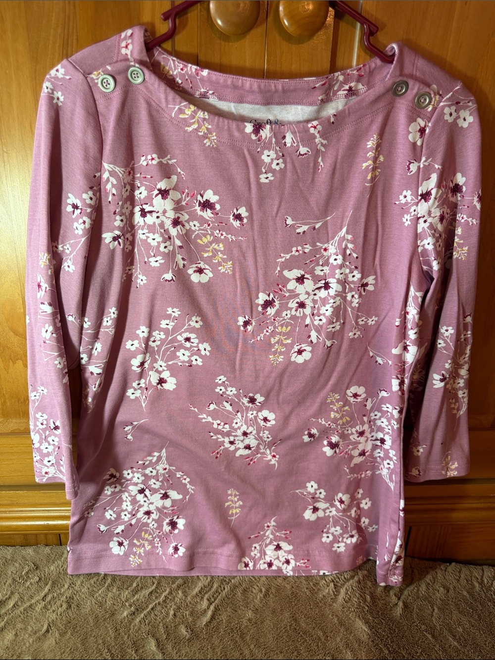 croft & barrow Mauve Floral Boatneck Long Sleeve Top - Medium